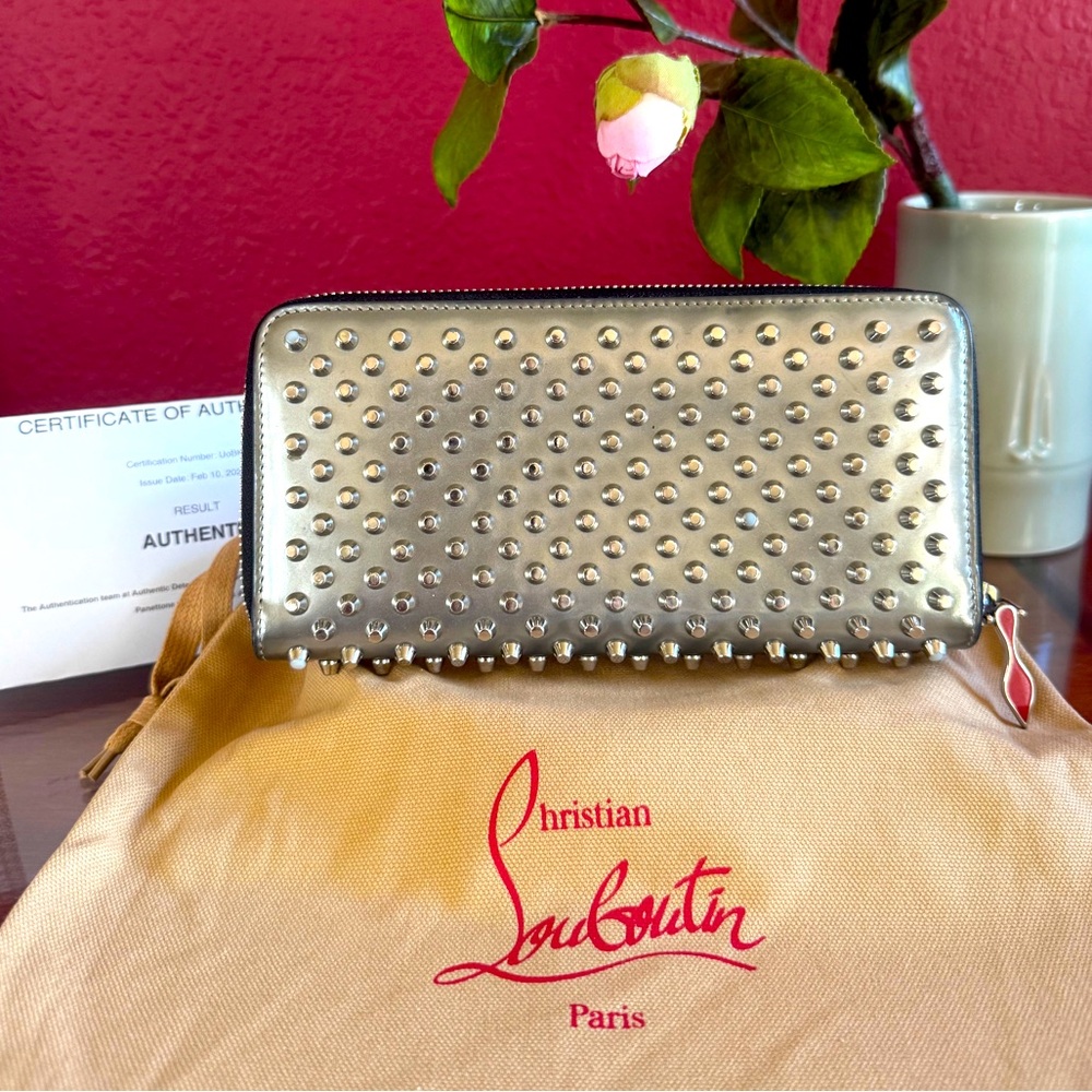 Christian Louboutin Metallic Studded Zip Wallet - Silver